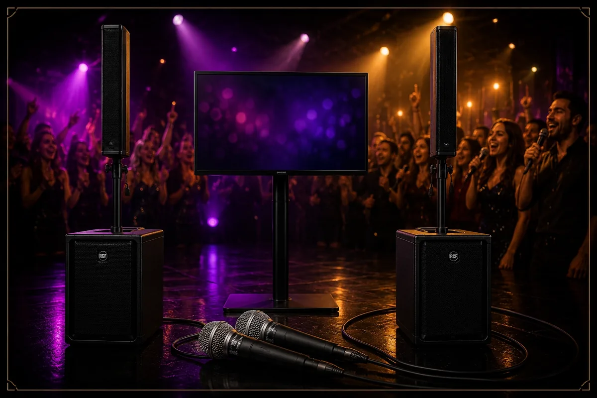 Karaokepaket med textskärm, RCF-ljudsystem och mikrofoner för fest i Stockholm